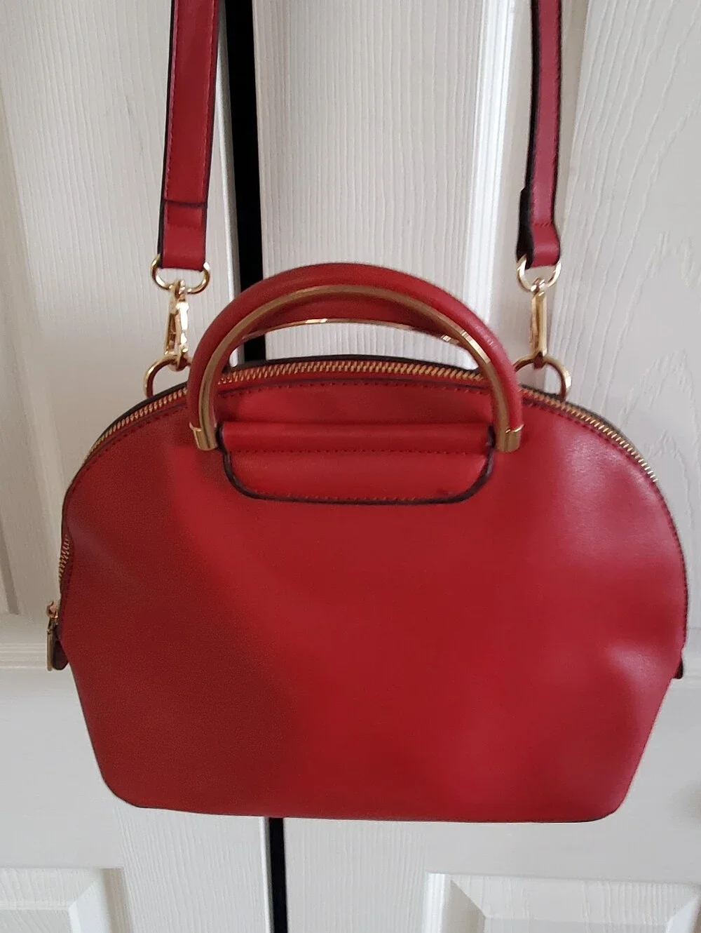 ISABELLE SATCHEL RED GOLD CROSSBODY TOP HANDLE DOME SHOULDER VEGAN LEATHER